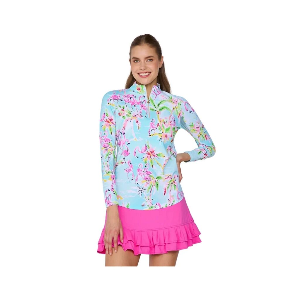 G Lifestyle Mock Neck 1/4 Zip Sun Protection Top Flamingo Island XS UPF 50+